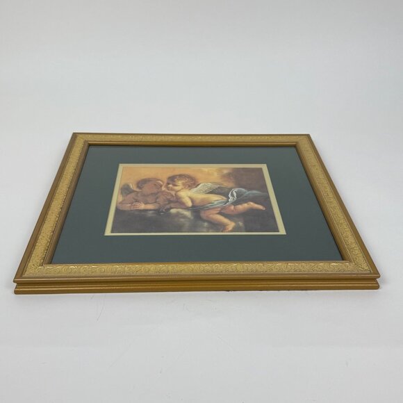 Vintage Cherub Angel Print Double Mat Gold Embossed Frame 14" x 16" - Picture 2 of 6